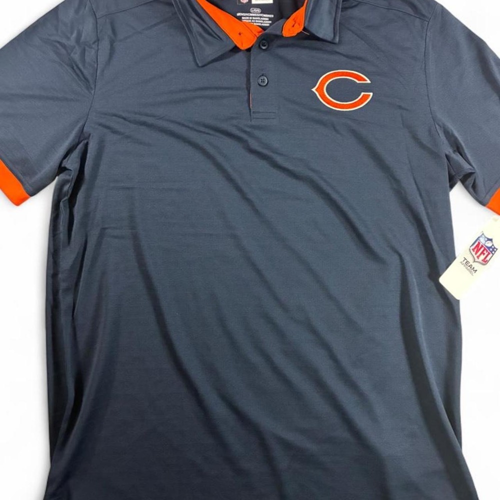 NWT NFL Team Apparel Chicago Bears navy polo shirt with orange trim. Men's Large